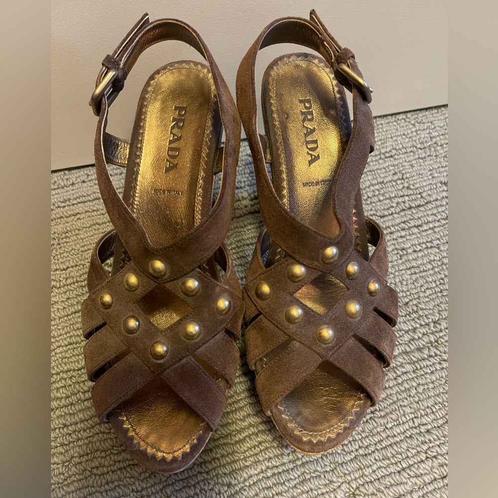 Prada Brown Sandals with Gold Studs